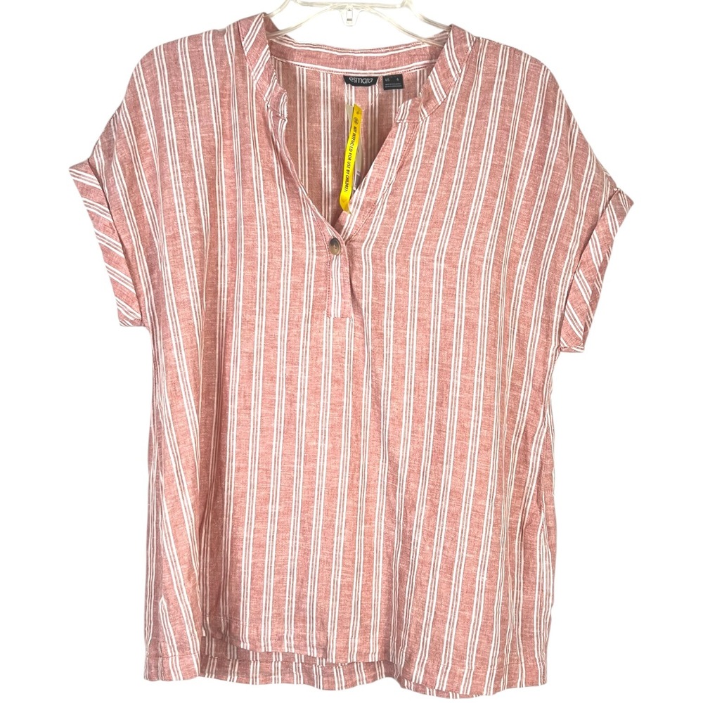 Esmara Women's Pink/White Striped Linen Blend V-Neck Short Sleeve Top Size 6 NWT